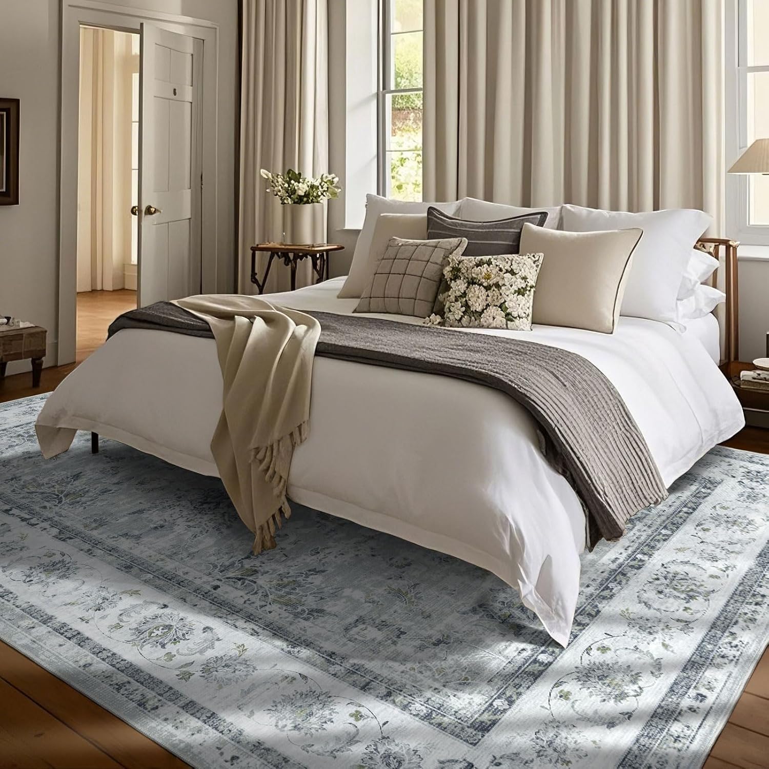 Floral 9x12 Area Rugs - Grey Large Machine Washable Living Room Rug Non Slip Ultra-Thin Stain Resistant Bedroom Rug Vintage Retro Boho Accent Rugs for Bedroom Dining Room Office Carpet